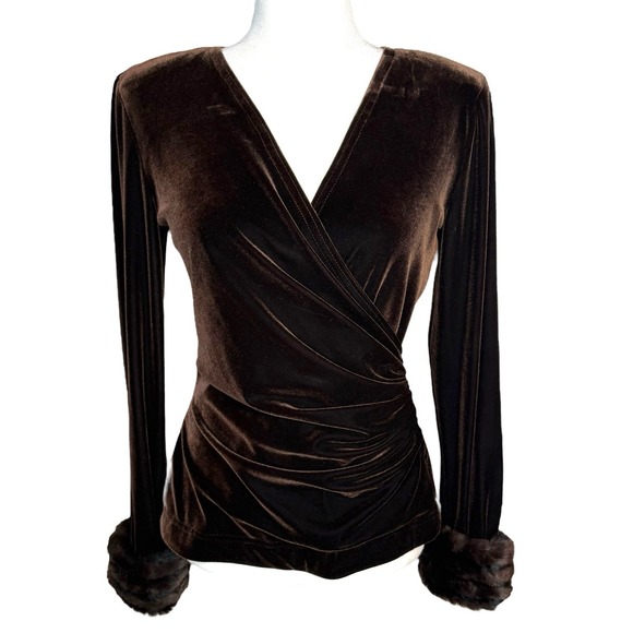 Cache x Tadashi Brown Velvet Faux Fur Cuff Wrap Top Vintage 90s Y2K S/M - Picture 1 of 10